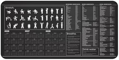 Productivity Desk Mat for Windows – Keyboard Shortcuts, Wellness Guide & 3-Year Calendar | XL Office Mouse Pad for Excel, Word & System Commands | Ergonomic Workspace Mat