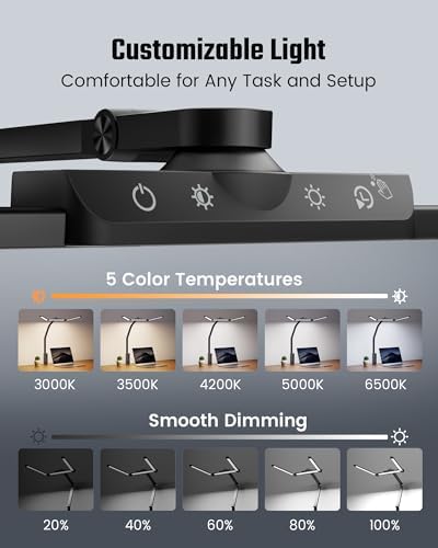 SUPERDANNY LED Desk Lamp with Power Strip (6 Outlets, 1 USB, 1 Type-C) for Home Office, Desk Light Computer Light with Clamp, Architect Desk Lamp with Smooth Dimming 5 Colors Touch & Wave Control