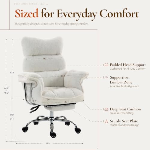 Dowinx Big and Tall Office Chair with Footrest, Ergonomic High Back Reclining Design, Wide Seat, Thick Cushion, Wide Armrests, Teddy Fleece Criss Cross Desk Chair, Pure White