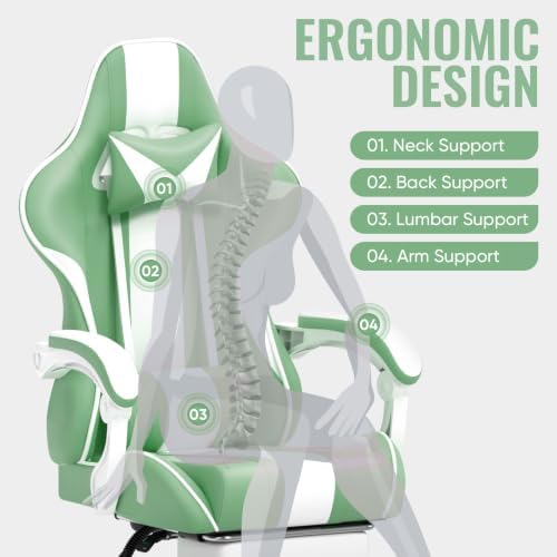 Ferghana Gaming Chairs, Ergonomic Racing Style PC Game Computer Chair with Headrest Lumbar Support Adjustable Recliner PU Leather Video Computer Chair(Light Green)