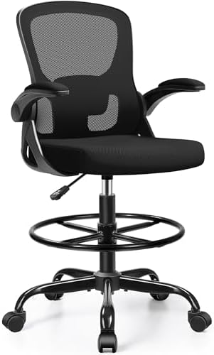 Drafting Chair Tall Office Chair for Standing Desk - Ergonomic Computer Work Stool with Flip-up Arms, Foot Ring & Adjustable Lumbar Support. Ideal for Studio, Artist, Engineer, & Study (Black)