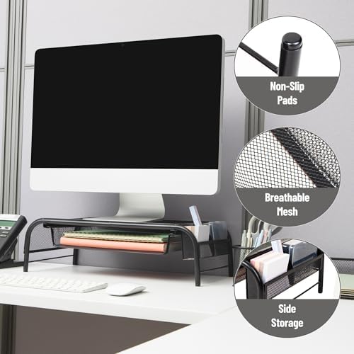 Mind Reader Monitor Stand, Ventilated Laptop Riser, Paper Tray, Office, Metal Mesh, Set of 2, Black