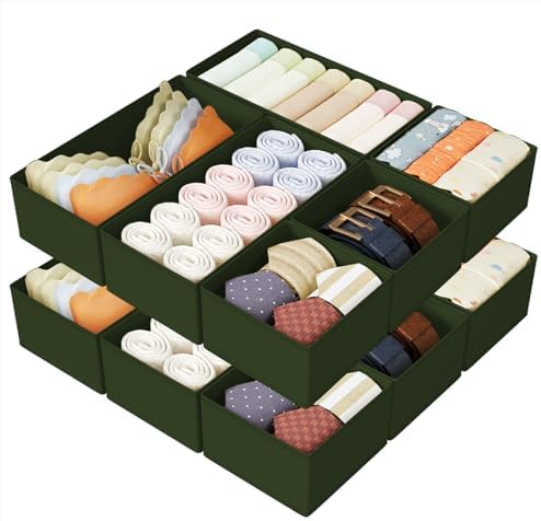 DIMJ Drawer Organizers Clothes, Set of 12 Dresser Organizer Bins, Fabric Closet Organizers and Storage, Shallow Drawer Dividers for Nursery, Clothing, Baby Clothes, Socks, Underwears, Tie (Green)