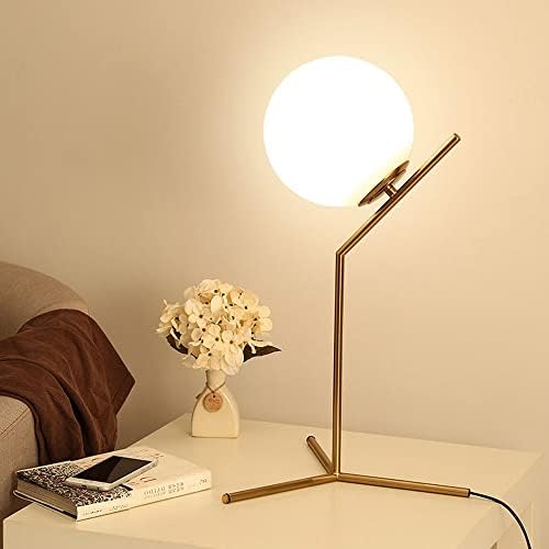 BOKT Modern 1-Light Glass Globe Table Lamp Contemporary Minimalist Tall Bedside Desk Nightstand Lamp Vintage Brush Gold Metal Table Light Frosted White Glass Ball Reading Lamp
