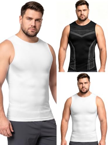 Odoland 3 Pack Men Compression Shirt Slimming Body Shaper Workout Vest
