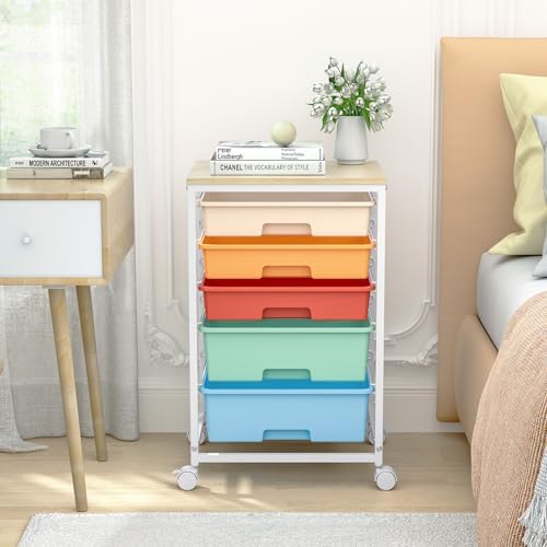 SYKIARIOL Utility Cart with Drawers,5 Drawers Storage Cart,Macaron