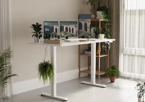 Claiks Electric Standing Desk, Adjustable Height Stand up Desk, 63x24 Inches Sit Stand Home Office Desk with Splice Board, White Frame/White Top