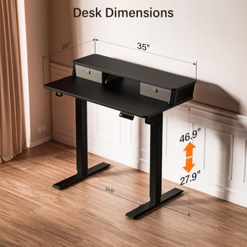Kingant 35x20 Inch Electric Standing Desk with Dual Drawers, Black