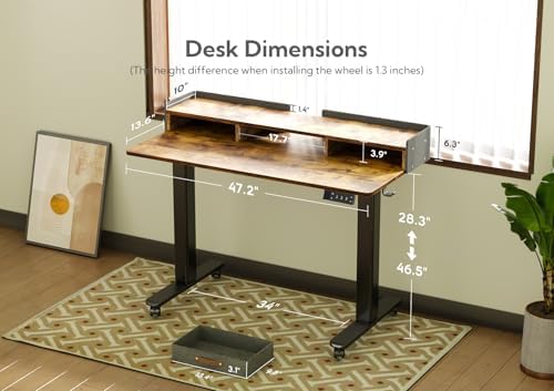 Claiks Standing Desk with Drawers & Wheels, 2 Height Shelf 48" Rustic Brown