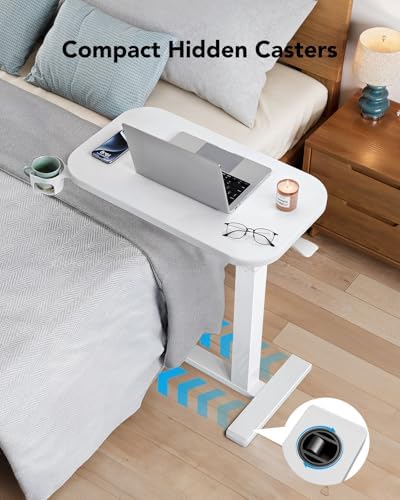 HUANUO 28Inch Bedside Table with Wheels, Height-Adjustable Rolling Computer Cart, Overbed Table with Cup Holder, Pneumatic Laptop Standing Desk for Home Office, White