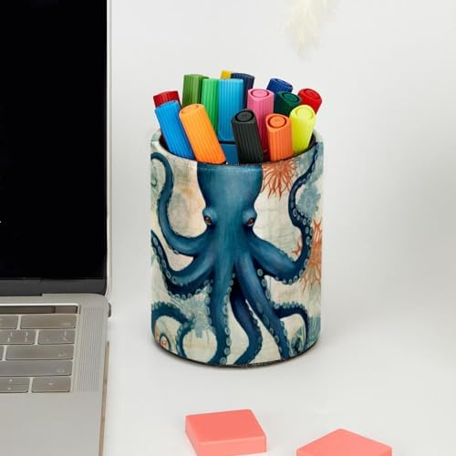 Large Capacity Pen Holder for Desk, Leather Pencil Holder Pen Cup Marker Holder Makeup Brush Holders, Desk Accessories Organizers for Home, School & Office, Nautical Octopus Vintage