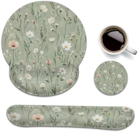 Green Wildflowers Ergonomic Wrist Rest Mouse Pad Set with Keyboard Cushion