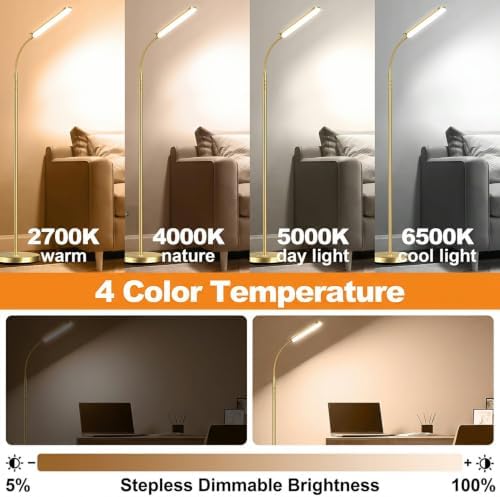 marctronic Gold Polished Floor Lamp, 18W 1800LM LED, Luxury Decor Style & Stepless Dimming, Eye-Caring Timing Reading Lamp for Bedroom/Living Room