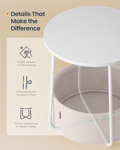 SONGMICS HOME Small Side Tables, Round End Tables, 2 Tier Nightstands with Basket, U Shaped Steel Legs, Easy Assembly, for Living Room, Bedroom, Set of 2, White and Brown