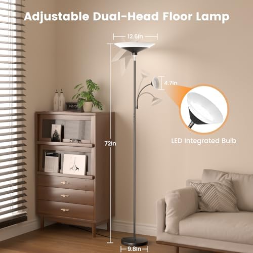 SIBRILLE Upgraded 2-in-1 Torchiere Floor Lamp, Dimmable Standing Lamp with Remote&Button Control, 34W Brightness Adjustable Floor Reading Light, Black Modern Corner Lamp for Living Room Bedroom Office