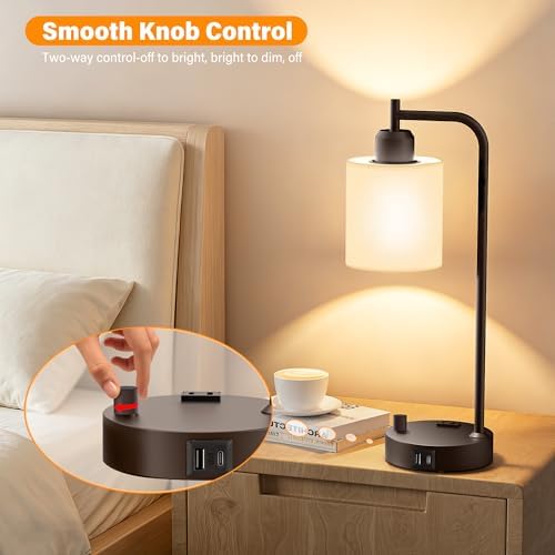 SIBRILLE Industrial Table Lamps with Linen Shade, Set of 2 Fully Dimmable Bedside Lamps with USB A+C Ports and Outlet, Brown Nightstand Desk Lamps for Bedrooms Living Room Office, 2 LED Bulbs Included