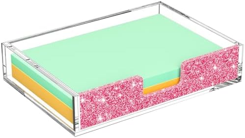 Acrylic Notepad Dispenser Organizer - 4 x 6 in Clear and Glitter Pink Sticky Note Holder W/O Pads Memo Holder for Dorm Room School Classroom Office Desk Organizer Aesthetic Supplies