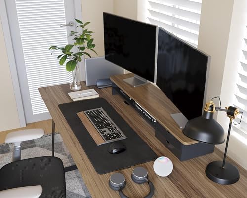 Fenge Monitor Stand, Desk Computer Riser with Frosted Storage Drawer, Brown