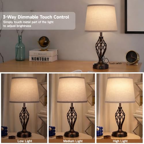 Ruiever Touch Table Lamps Set of 2, nightstand lamp with USB Ports Bedside 3 Way Touch dimmer Desk lamp for Living Room Bedroom,Brown Painted Spiral cage Base Design Warm White dimmer Bulbs Included.