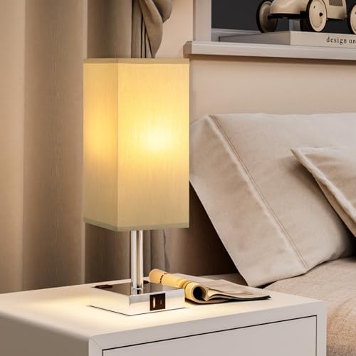Set of 2 Grey Touch Table Lamp for Bedroom, Dimmable, USB C+A, 2 AC Outlets