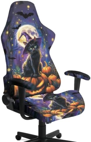 Halloween Gaming Chair Protector Slipcover 4-Piece Fits Office/PC Boss Recliners Anti-Scratch Washable with Zipper for Living Room Witch Black Cat Pumpkin
