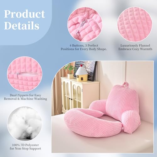 17" Reading Pillow for Bed,U Shaped Arm & Elbow Support,Pink Flannel