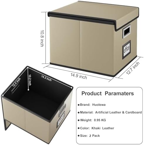 Foldable File Organizer Box with Lids (2 Pack, Khaki, Leather)