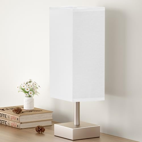 Antique White Small Bedside Lamp for Bedroom - Square White Fabric Shade