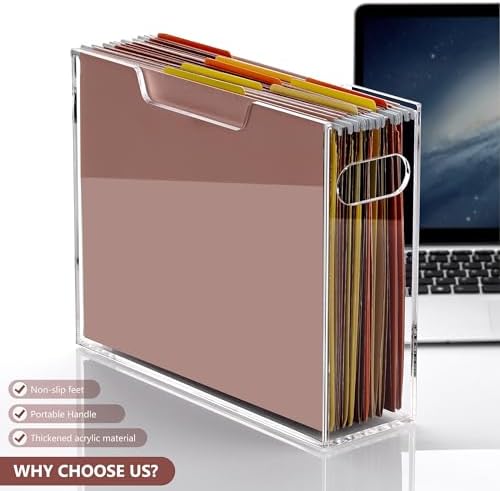 DINGHUO Acrylic File Organizer Box Letter Size Hanging File Organizer, Clear Portable File Folder Box with Handle, Filing Crate Bin Holder for Desk, Office, Home, School - 2 Pack