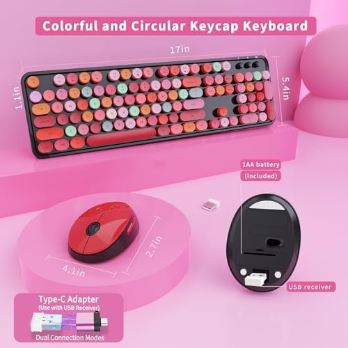 Wireless Keyboard and Mouse Combo, Ergonomic Full Size Typewriter Retro Round Keycaps Keyboard, Compatible with Windows, PC, Perfer for Home and Office Keyboards (Red