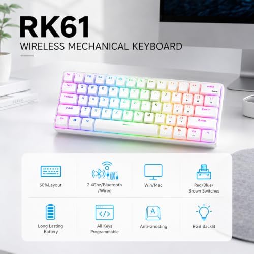 RK ROYAL KLUDGE RK61 Wireless Mechanical Keyboard with Coiled Cable, White