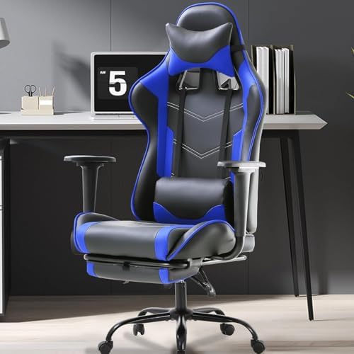 PC Gaming Chair with Footrest, Ergonomic Home Office Chair with Lumbar Support & Headrest Pillow, Blue