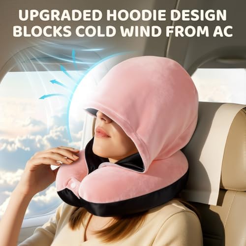 Mewaii Travel Neck Pillow, Airplane Pillow with Hood, Memory Foam, Pink