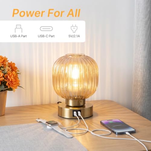 Elenhome Touch Small Table Lamp,Elegant Gold Glass Bedside Lamp 3 Way Dimmable with USB C+A Charging Ports - Bedroom Nightstand & Living Room Essential, 4W Bulb Included (Gold)