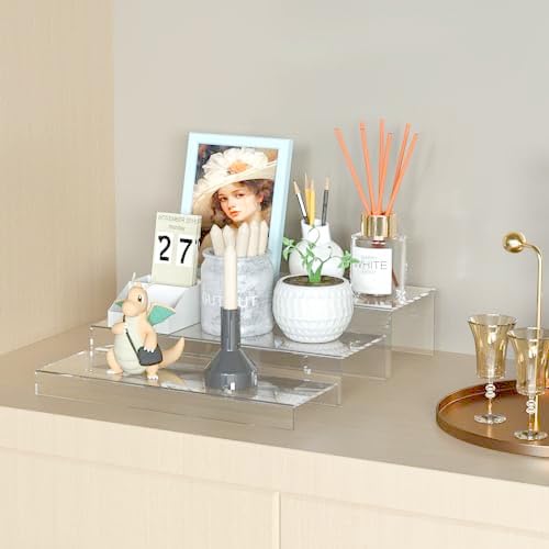 Sezanrpt Rectangular Acrylic Display Risers Stands 3pcs, Dessert Table Display Rack, Clear Display Shelf for Funko Pop, Collectibles, Retails, Shoes, Glasses, Plants, Home Decors, Perfume - 12-1'', 2'', 3''
