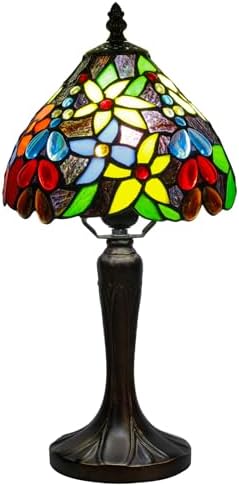 Stained Glass Bedside Small Table Lamp, Adjustable 3 Color Temperature, Floral Flower Style Lampshade & Antique Leaf-Patterned Relief Base Desk Nightstand Light Decor for Bedroom Bookcase