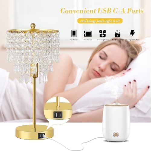 Crystal Table Lamp with USB C+A Ports, 3-Way Dimmable Touch Lamp, Gold Lamp