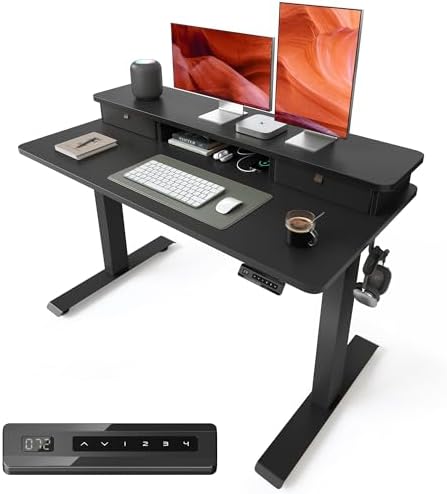 BANTI 48x24 Inch Electric Height Adjustable Standing Desk, Home Office Computer Desk with Double Storage Drawers, 4 Adjustable Feet & 2 Hooks, Black