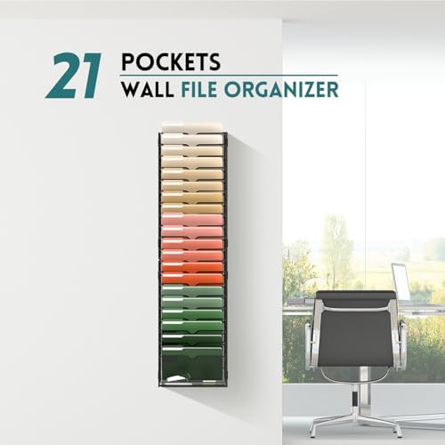 SUPEASY 21 Tier Wall File Organizer, Hanging Wall Mounted Mail Organizer with Label Slots, Metal Mesh File Holder Magazine Rack for Office, Home, School or Classroom, Black