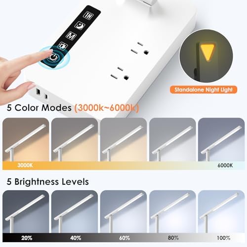 Infiway LED Desk Lamps for Home Office: Desk Lamp with USB Charging Port - 1 USB-A, 1 Type-C Ports, 2 AC Power Outlets, Touch Control Dimmable 5 Color 5 Brightness, Night Light(White)