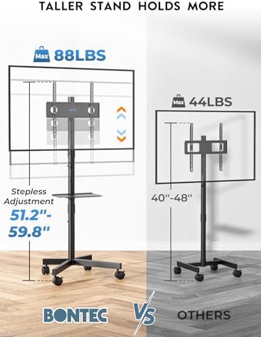 BONTEC Rolling TV Stand for 23-65 Inch TVs,Mobile TV Cart with Wheels,Black