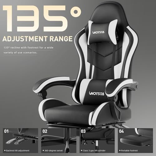 Ergonomic Gaming & Office Chair, Footrest, Racing Design Black/White