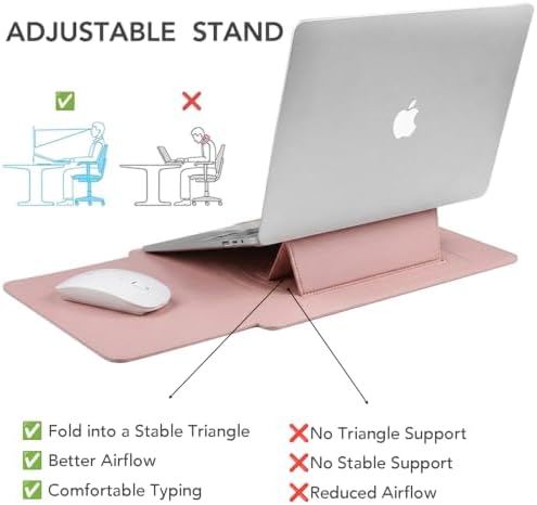 4-in-1 Laptop Sleeve with Stand and Mouse Pad, Faux Leather Protective Case with Accessory Pouch for 15-16 Inch Laptops, Pink