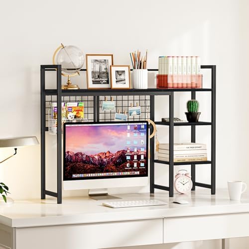 Snughome Desk Shelf, 38.6" Desktop Organizer Shelf, Desk Hutch for Computer Monitor, 4 Tier Desk Display Rack with Pegboard Hooks Set, Wood Desktop Bookshelf for Home Office Dorm, Black