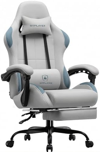 GTPLAYER Gaming Chair Fabric with Pocket Spring Cushion,Computer Office Chair with Lumbar Support for Adults Linkage Armrests and Footrest Ergonomic Gamings Chairs Height Adjustable Silver Grey