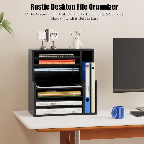 Wood Desktop File Holder Organizer Mail Sorter for File Folders, Mails, Envelopes or Magazines, 8 Compartments (Black)