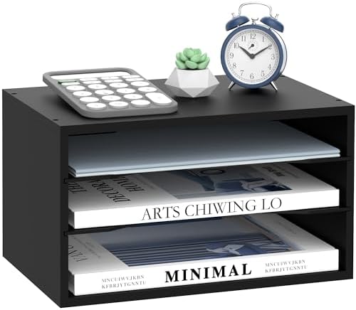3 Tier Wood Desk Organizer, Mail Sorter and Paper Organizer for Desk, Black