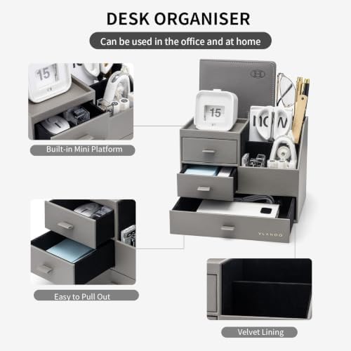 VLANDO Desk Organizer with Drawers, Pen Holder for Desk for Daily Use, Gray