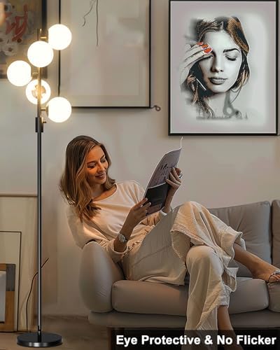 64IN Dimmable Black Floor Lamp, Tall Standing Lamps with 5 Globe Soft Warm White Eye Care 3000K G9 Bulbs, Mid Century Modern Floor Lamp with 5Lbs Heavy Base for Living Room Bedroom Office