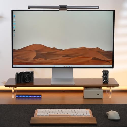 Bamboo Monitor Stand Riser, Brown Desk Shelf with Acrylic Legs